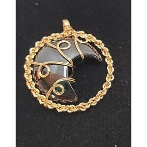 Moon Pendant Tiger Eye Gem Stone  Crystal Necklace 1.5" Diameter
